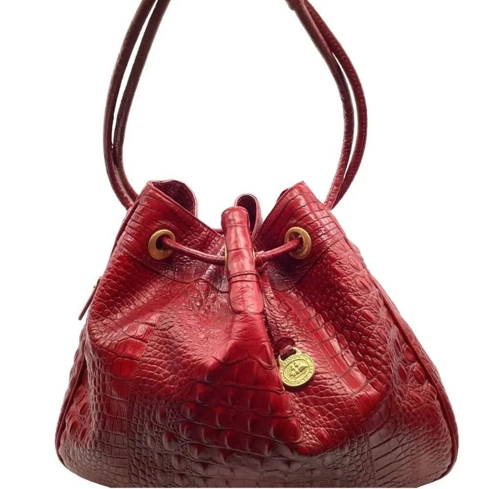 VTG BRAHMIN Dana Drawstring Shoulder Bag Melbourne Croc Embossed Red Leather
